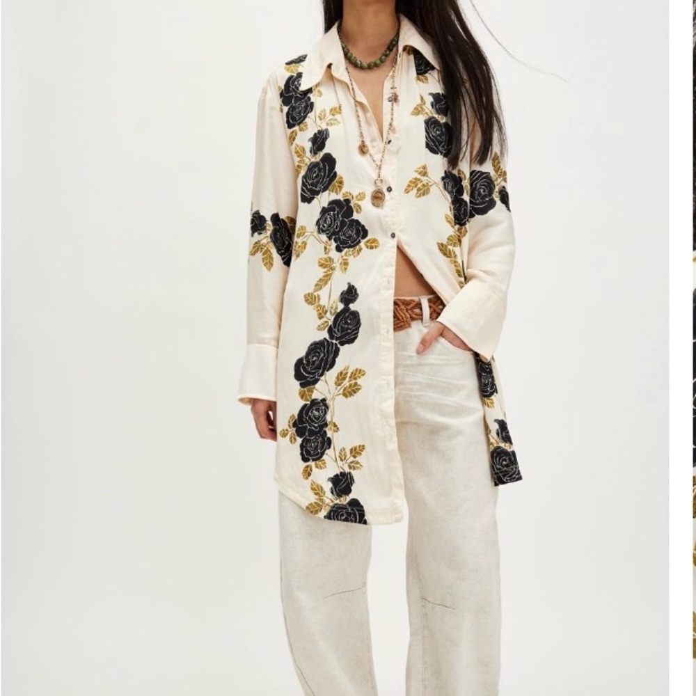 Free People Cream Button-Up Shirt with Black and Gold Rose Print